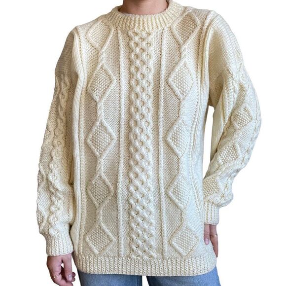 Vintage Womens Hand Knit White Fisherman Crew Oversized Winter Chunky Sweater XL - Picture 1 of 7